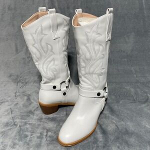 White Western Harness Cowboy Boots Embroidered Tall Vegan Leather Size 39.5